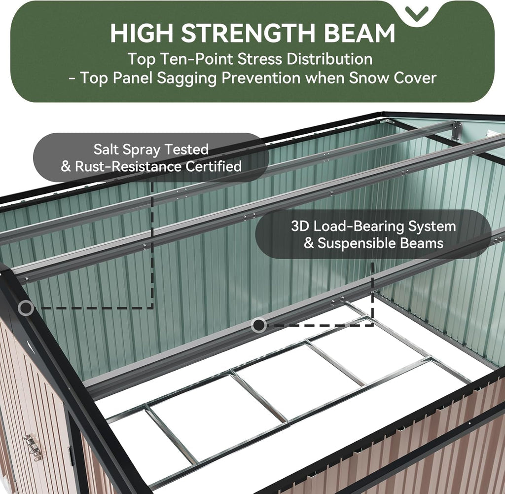 10x12 FT Galvanized Steel Outdoor Storage Shed with Base, Brown H231254