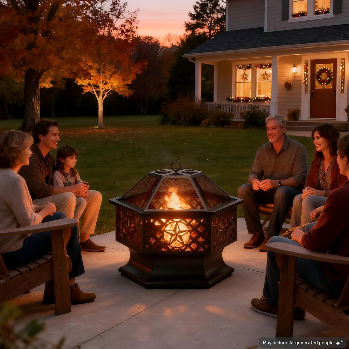 28 Inch Hexagonal Fire Pit with Spark Screen & Fire Poker Black I58797