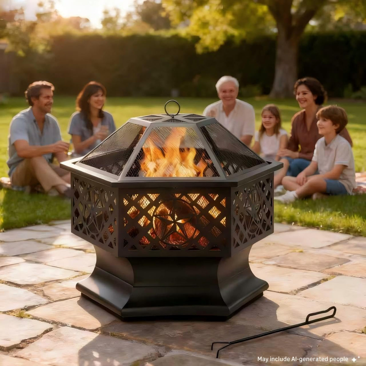 28 Inch Hexagonal Fire Pit with Spark Screen & Fire Poker Black I58797
