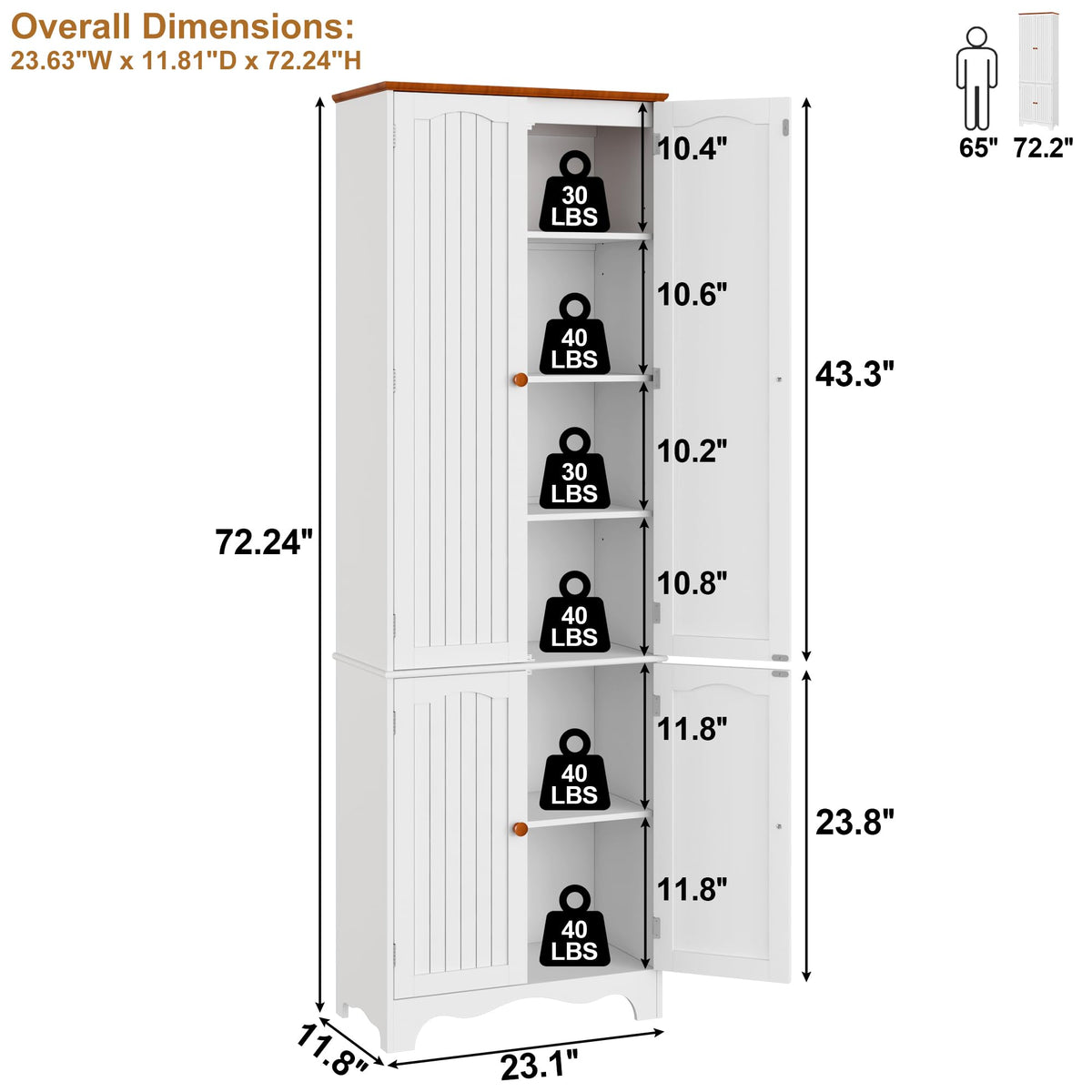 White 72" Kitchen Pantry Cabinet with Doors and Adjustable Shelves J812495