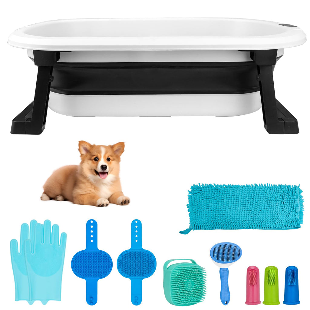 Collapsible Pet Bathtub with Water Drain Plug and Grooming Brush I15160