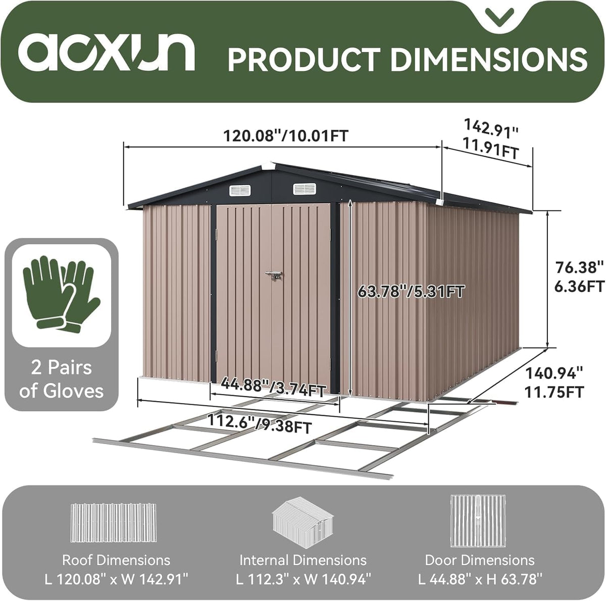 10x12 FT Galvanized Steel Outdoor Storage Shed with Base, Brown H231254