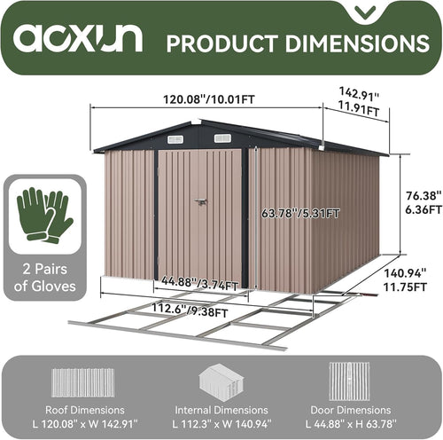 10x12 FT Galvanized Steel Outdoor Storage Shed with Base, Brown H231254