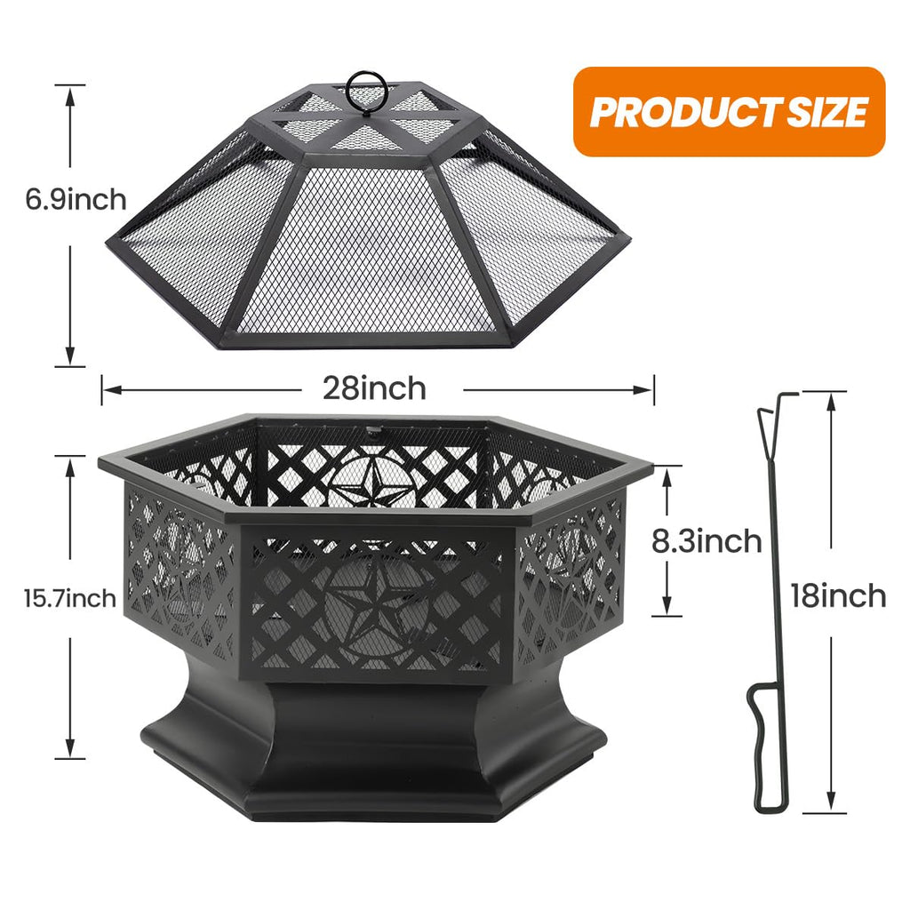 28 Inch Hexagonal Fire Pit with Spark Screen & Fire Poker Black I58797
