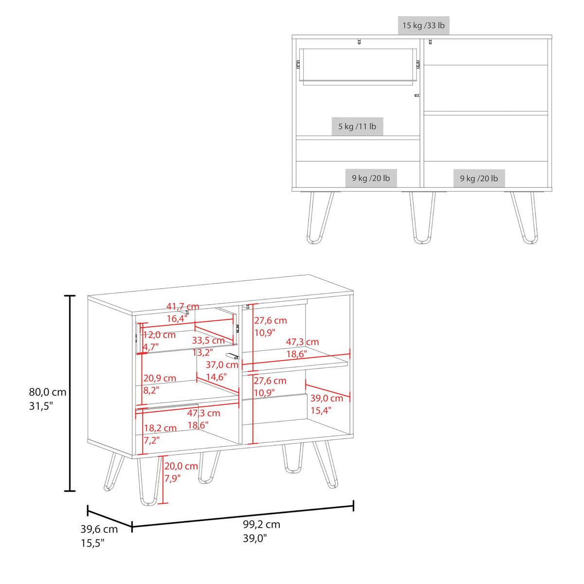 39" Wide Console Table with Two Cabinets, One Drawer and Four Shelves N601