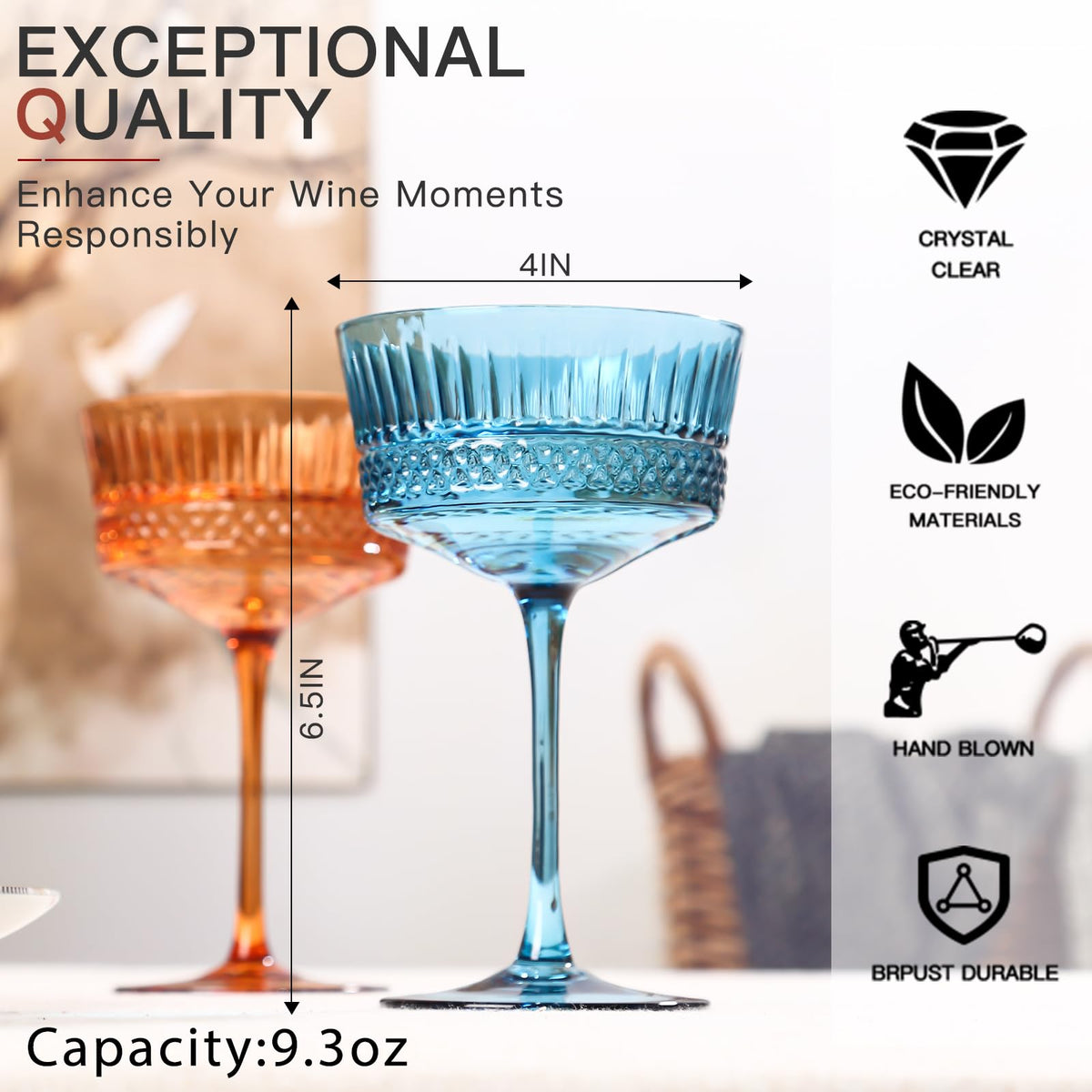Colored Coupe Glasses Set of 6, 9.3oz Crystal Cocktail Glass P6746