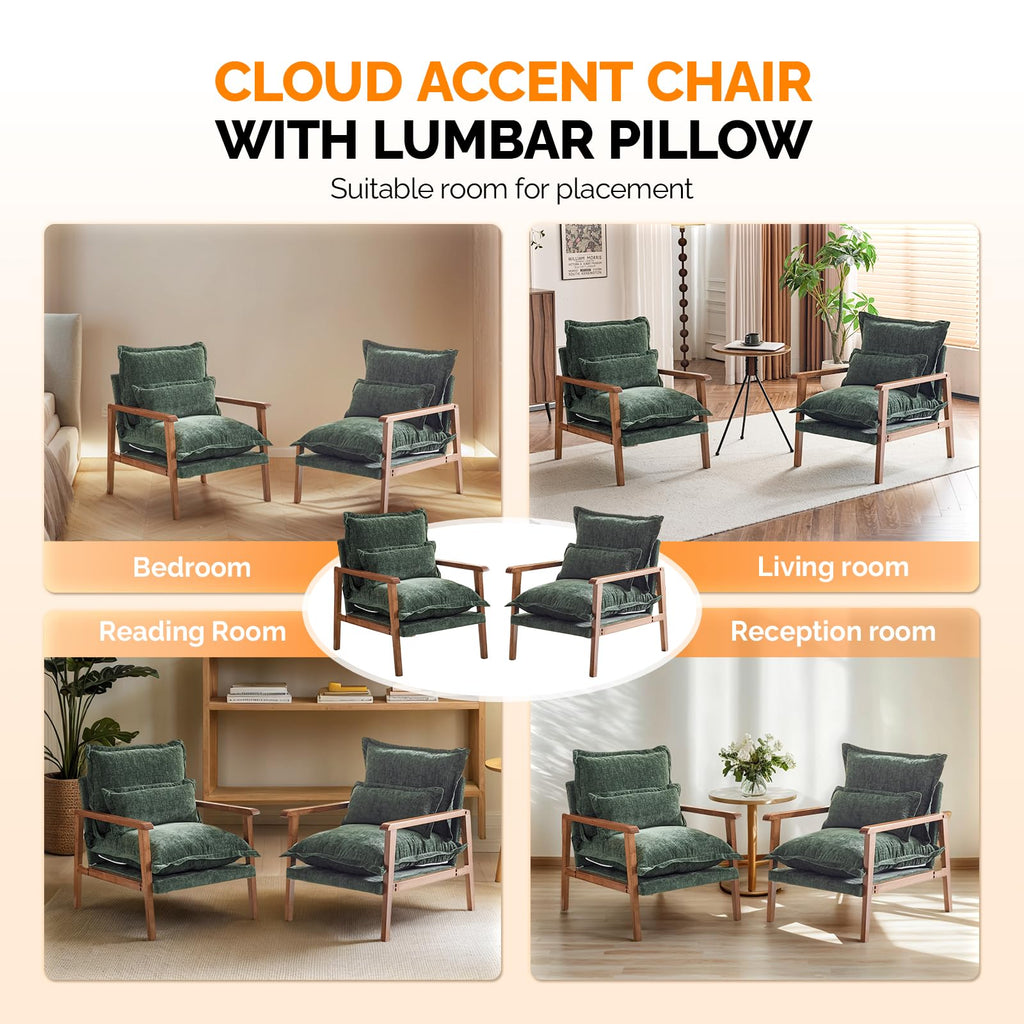 Dark Green Chenille Accent Armchairs Set of 2 with Lumbar Pillow L61034