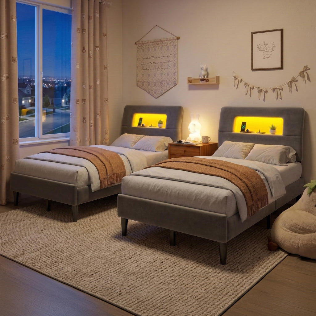 Twin Upholstered Bed Frame with Storage Headboard Q738