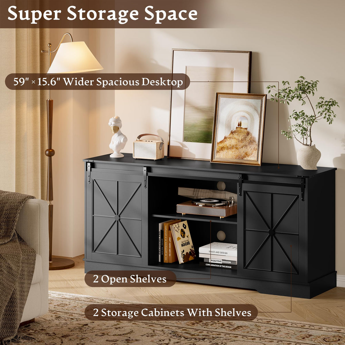 Black TV Stand with Sliding Barn Doors G9812
