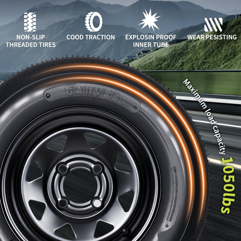 Set of 2 5.30-12 Trailer Tires with 12" Black Rims, 4 Lug on 4" Bolt Pattern, Load Range C 6PR N849711