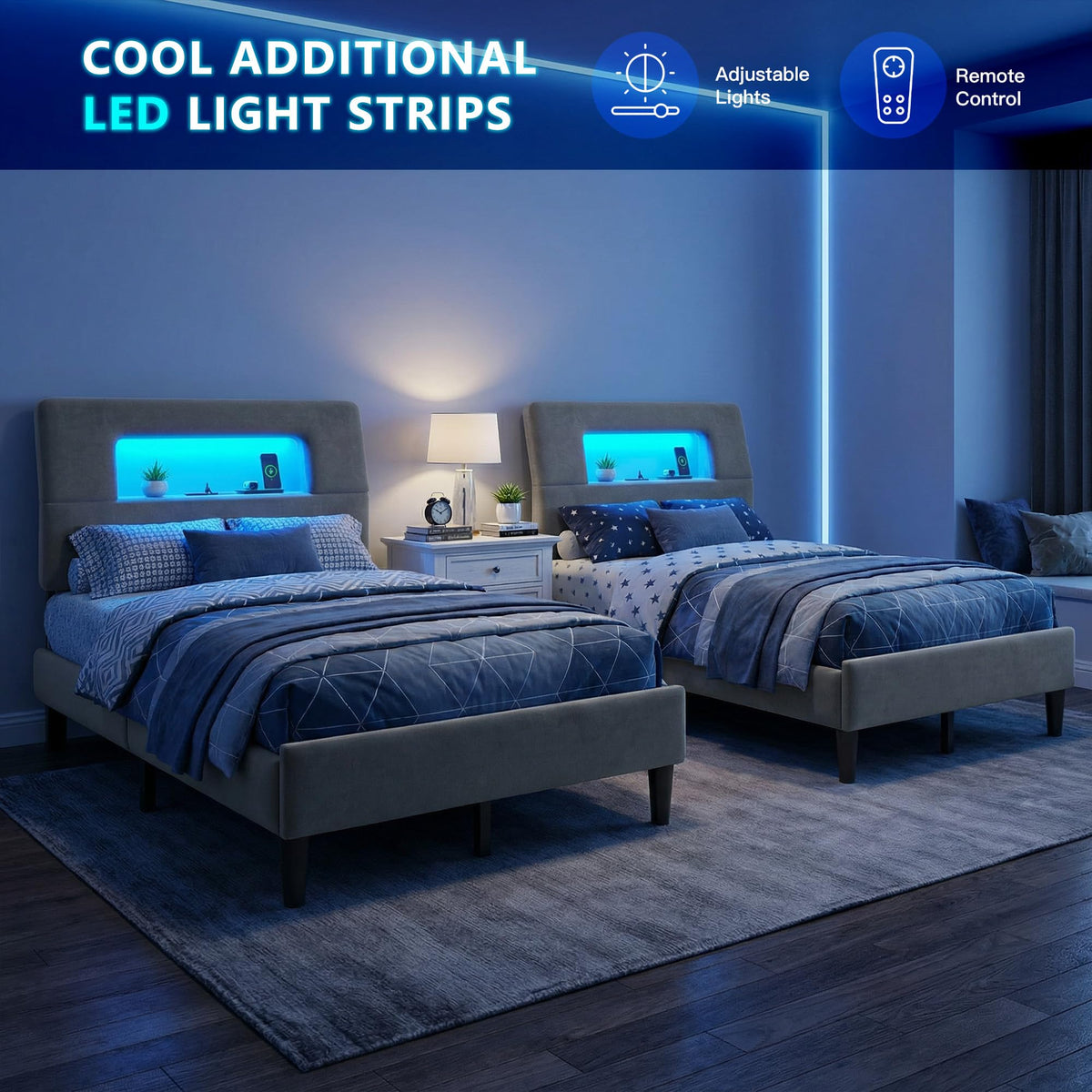 Twin Upholstered Bed Frame with Storage Headboard Q738