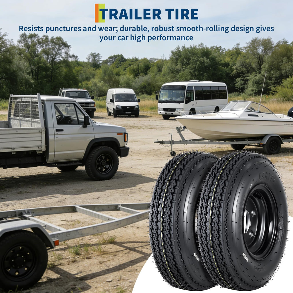 Set of 2 5.30-12 Trailer Tires with 12" Black Rims, 4 Lug on 4" Bolt Pattern, Load Range C 6PR N849711