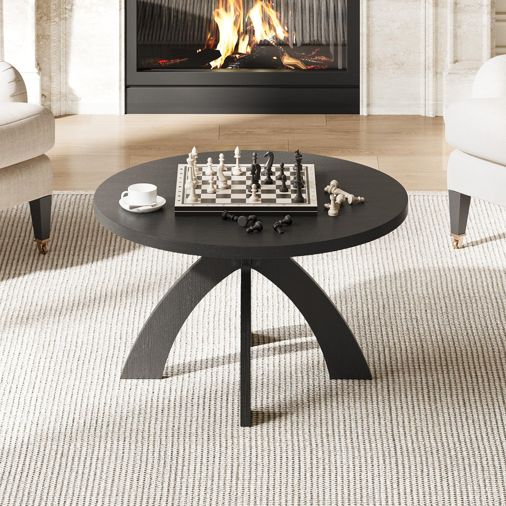 31.5" Round Wood Coffee Table with Cross Legs, Black J6303