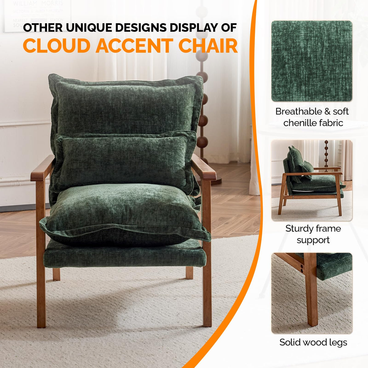 Dark Green Chenille Accent Armchairs Set of 2 with Lumbar Pillow L61034