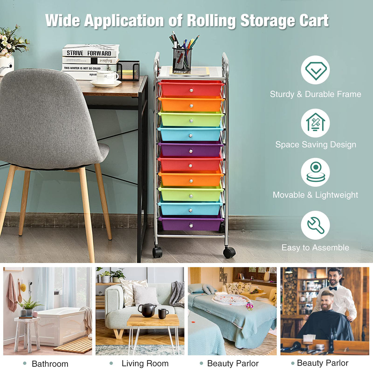 10 Drawer Multicolor Alloy Steel Storage Cart V878