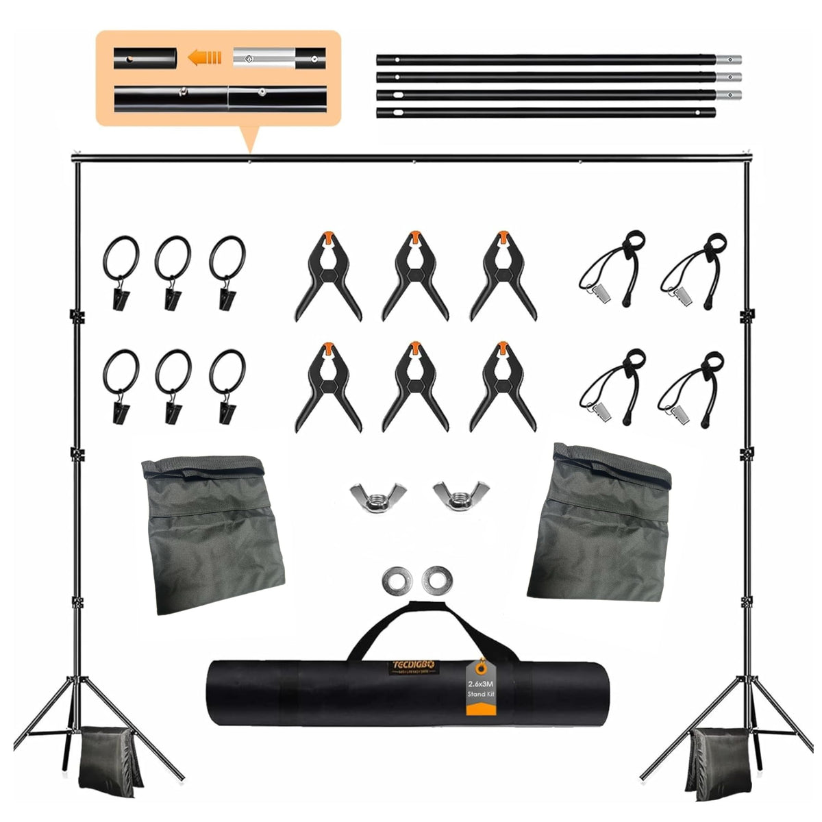 8.5 x 10ft Adjustable Backdrop Stand Support Kit with Sandbag, Clamp and Carry Bag I38970