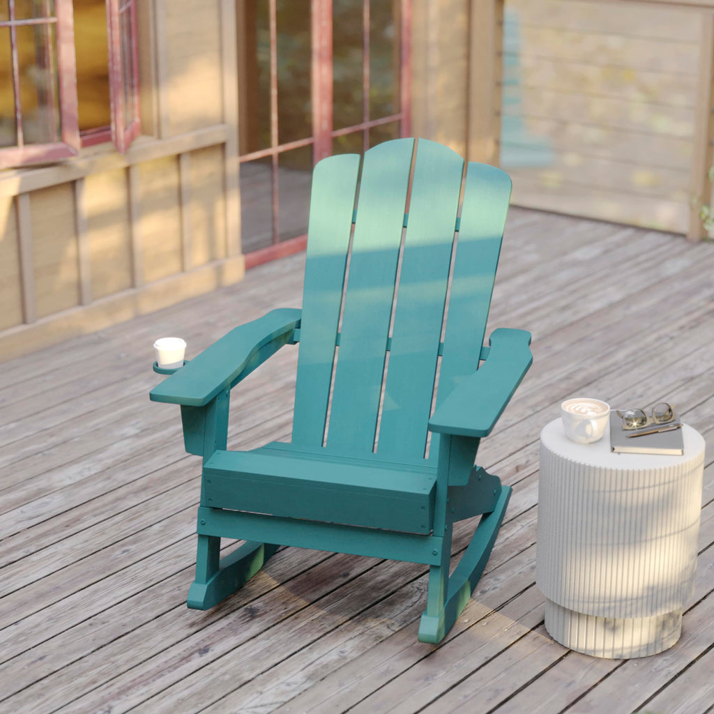 Blue HDPE Adirondack Rocking Chair with Cup Holder J93992