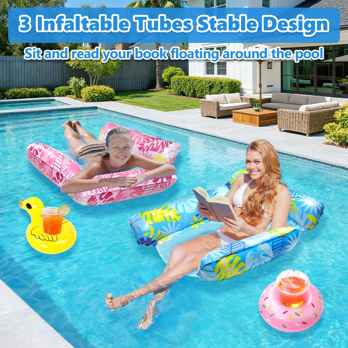 2 Pack Inflatable Pool Floats with Drink Holders and Air Pump I8951