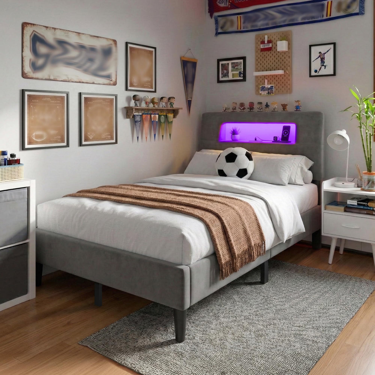 Twin Upholstered Bed Frame with Storage Headboard Q738