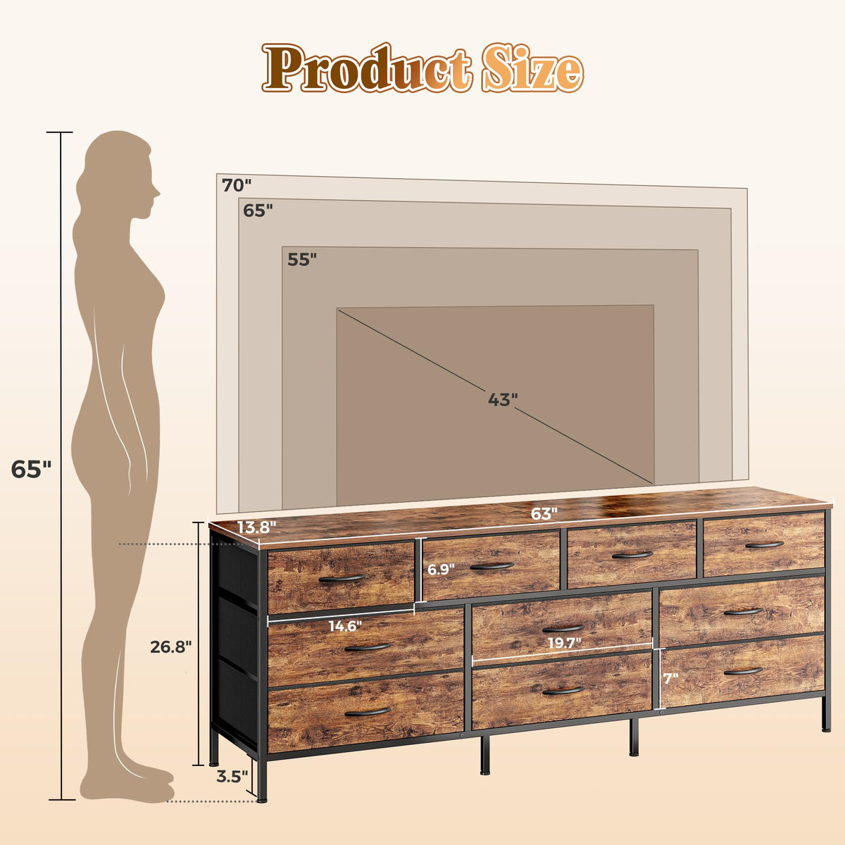 63 Inch Dresser with 10 Fabric Drawers H959