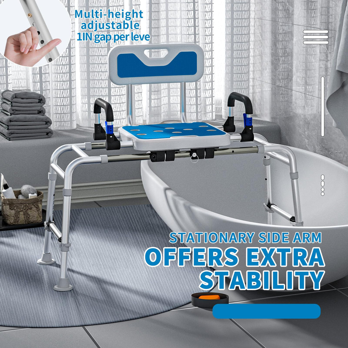 Sliding Shower Chair with Arms and Back, 500lbs Non Slip Aluminum Adjustable Height A858