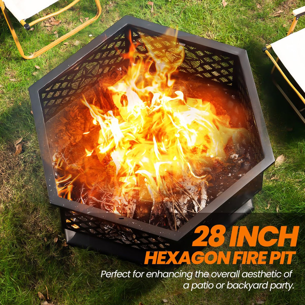 28 Inch Hexagonal Fire Pit with Spark Screen & Fire Poker Black I58797