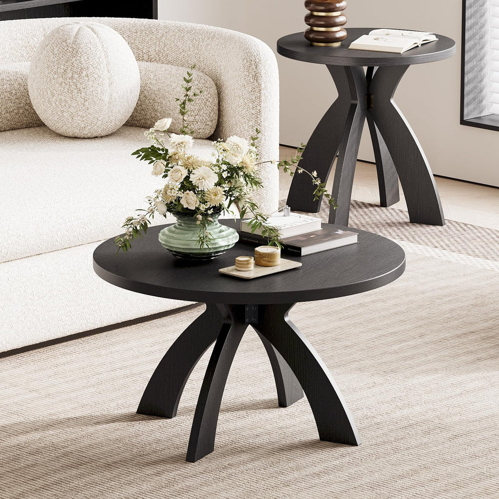 31.5" Round Wood Coffee Table with Cross Legs, Black J6303