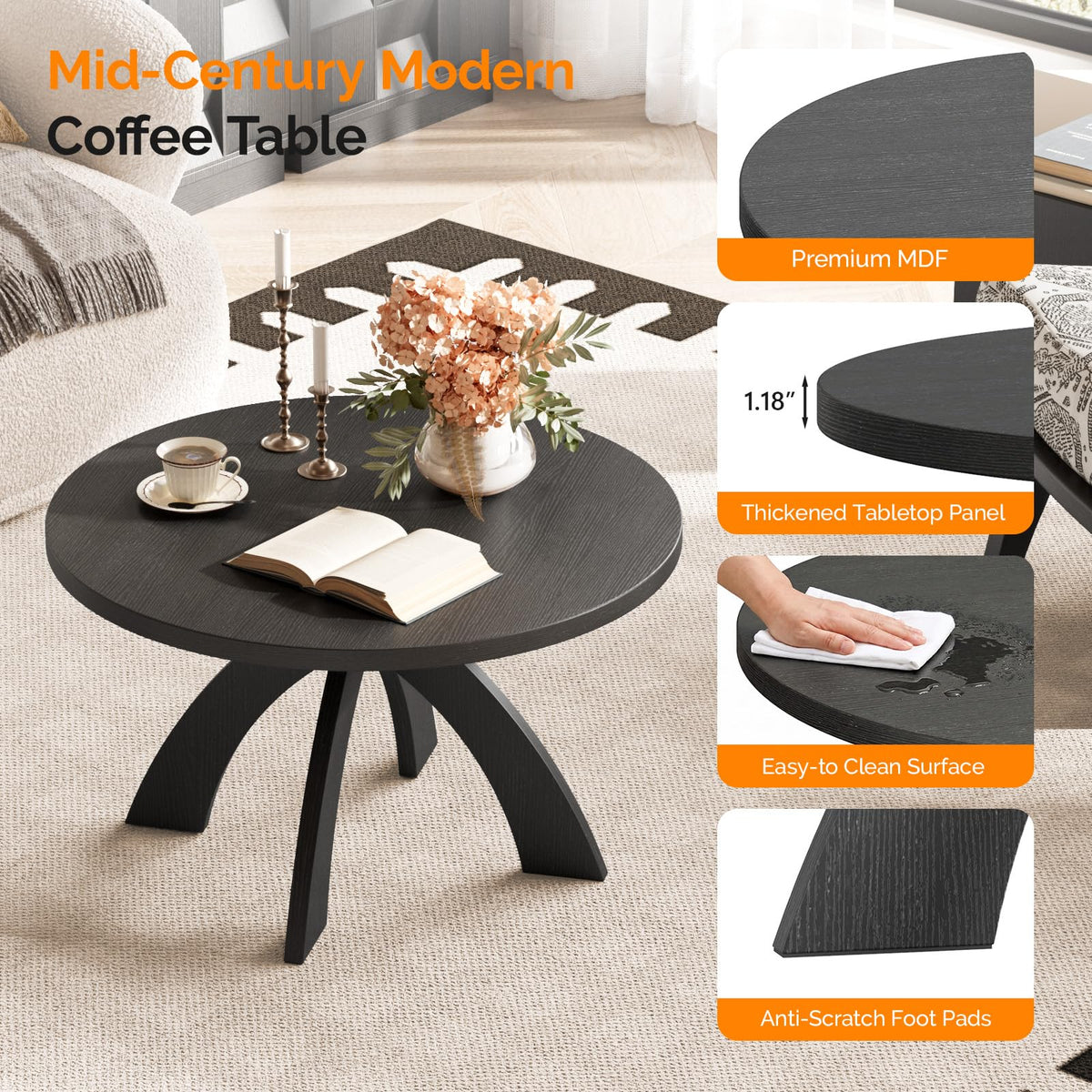 31.5" Round Wood Coffee Table with Cross Legs, Black J6303