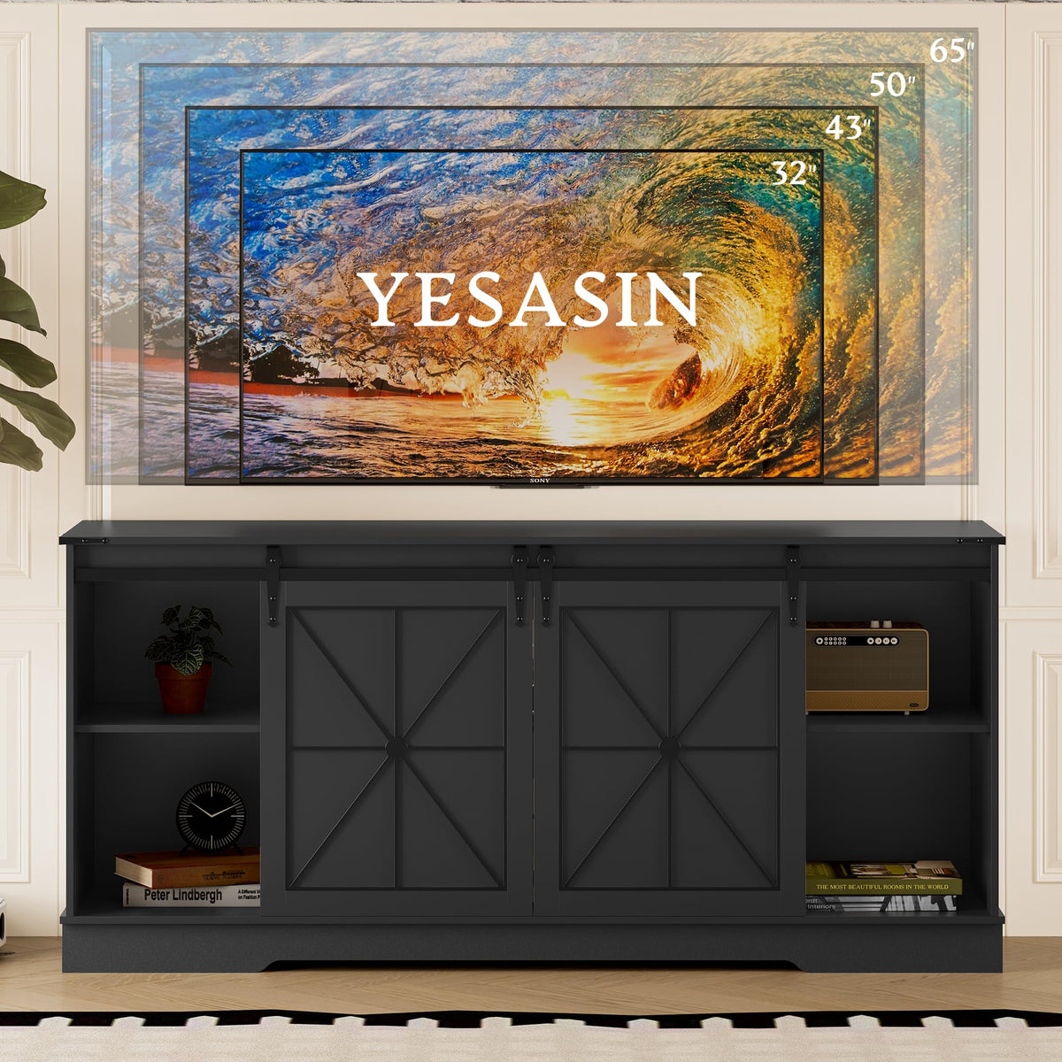 Black TV Stand with Sliding Barn Doors G9812