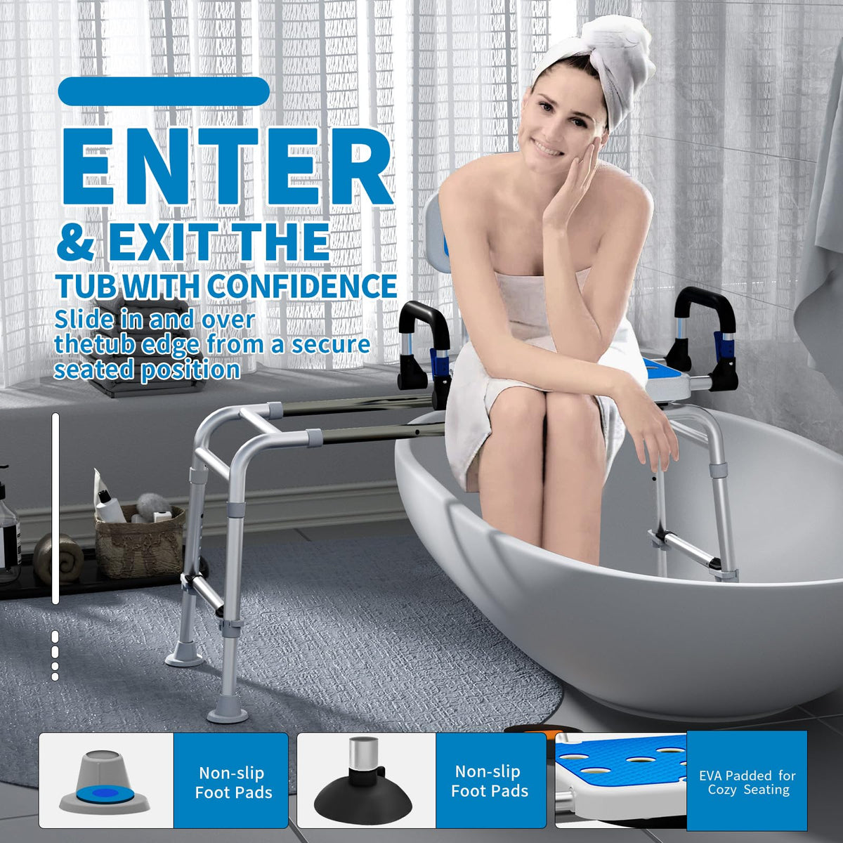 Sliding Shower Chair with Arms and Back, 500lbs Non Slip Aluminum Adjustable Height A858