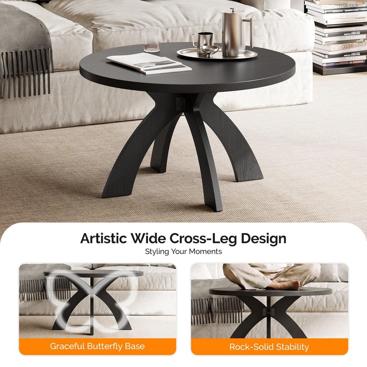 31.5" Round Wood Coffee Table with Cross Legs, Black J6303