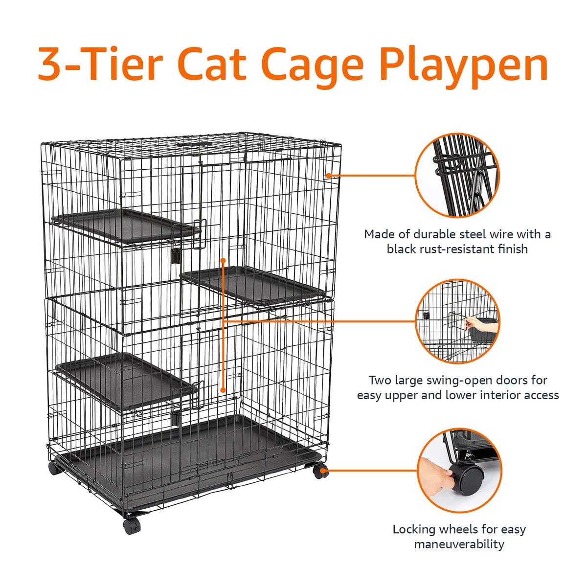 Large 3-Tier Cat Cage Playpen with Removable Tray, Black Z86629
