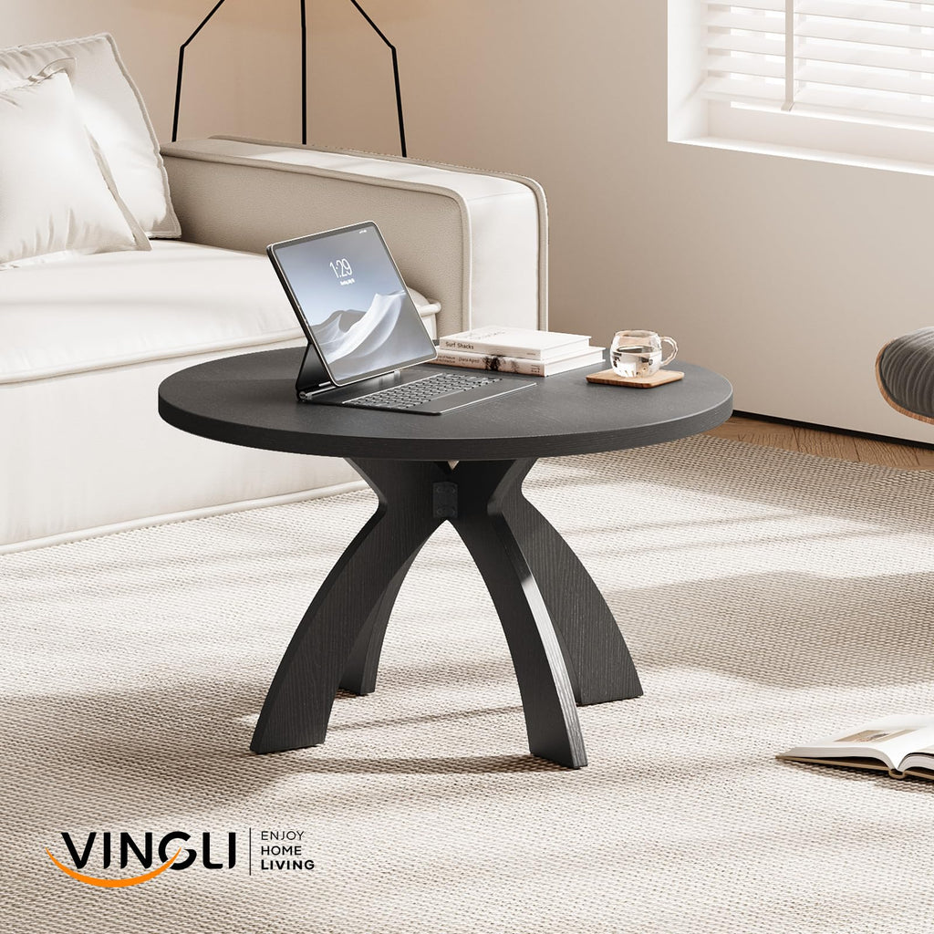 31.5" Round Wood Coffee Table with Cross Legs, Black J6303