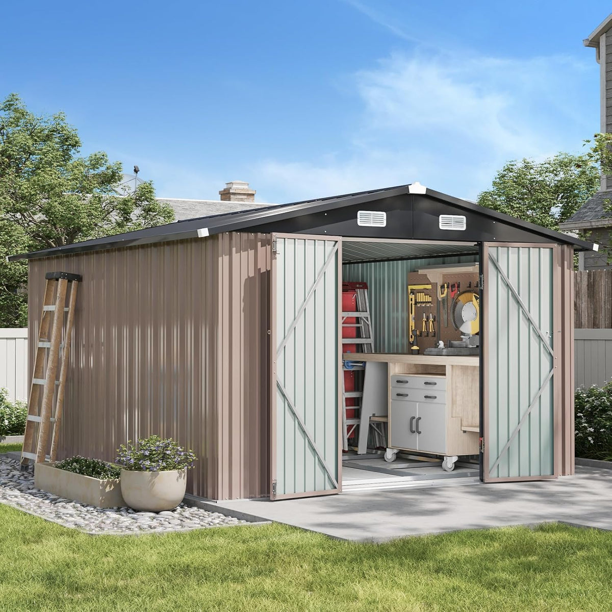 10x12 FT Galvanized Steel Outdoor Storage Shed with Base, Brown H231254