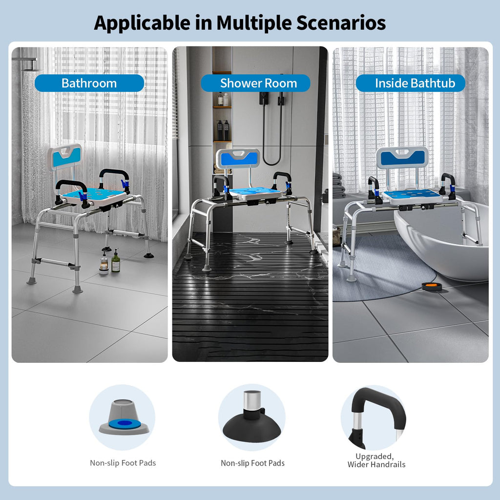 Sliding Shower Chair with Arms and Back, 500lbs Non Slip Aluminum Adjustable Height A858
