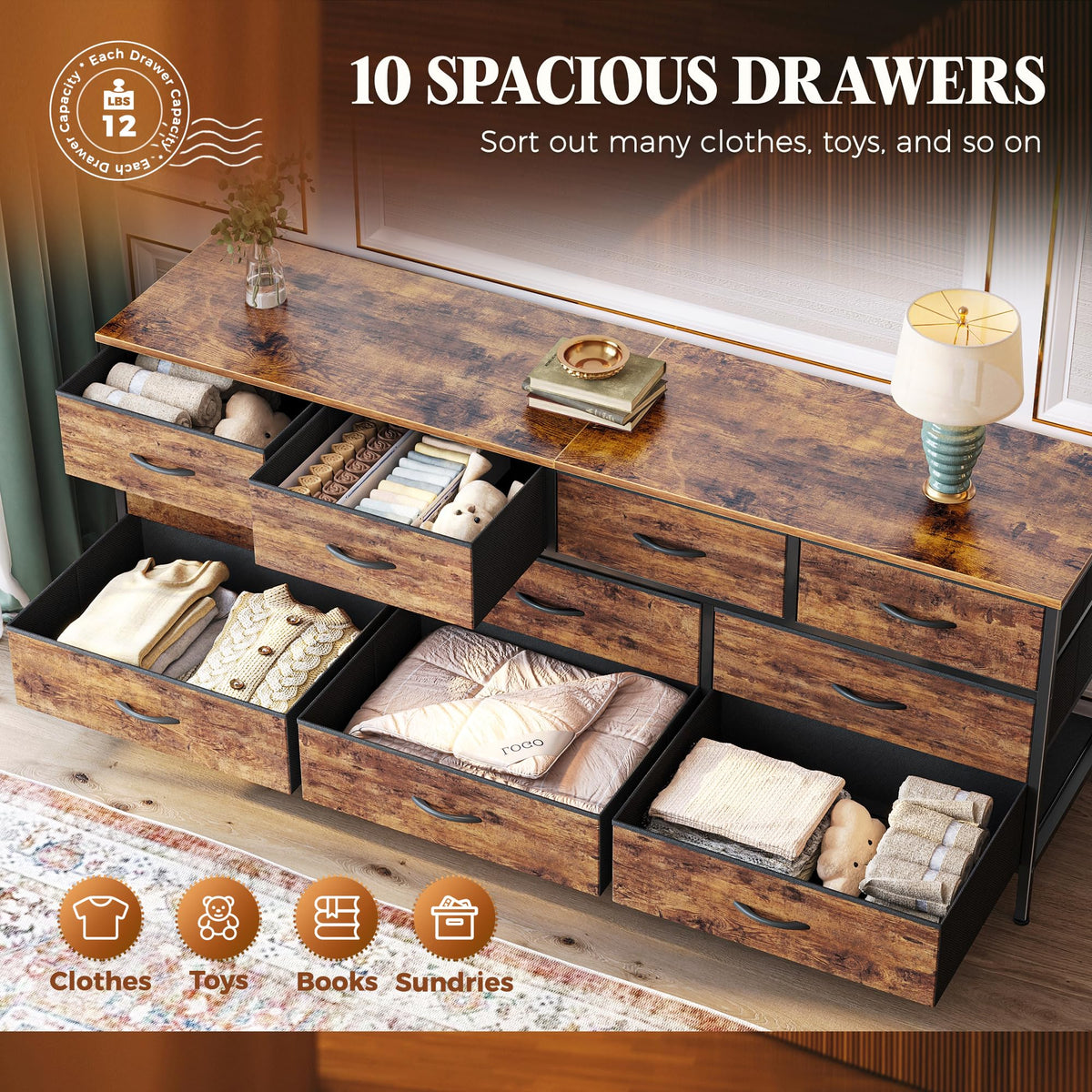 63 Inch Dresser with 10 Fabric Drawers H959