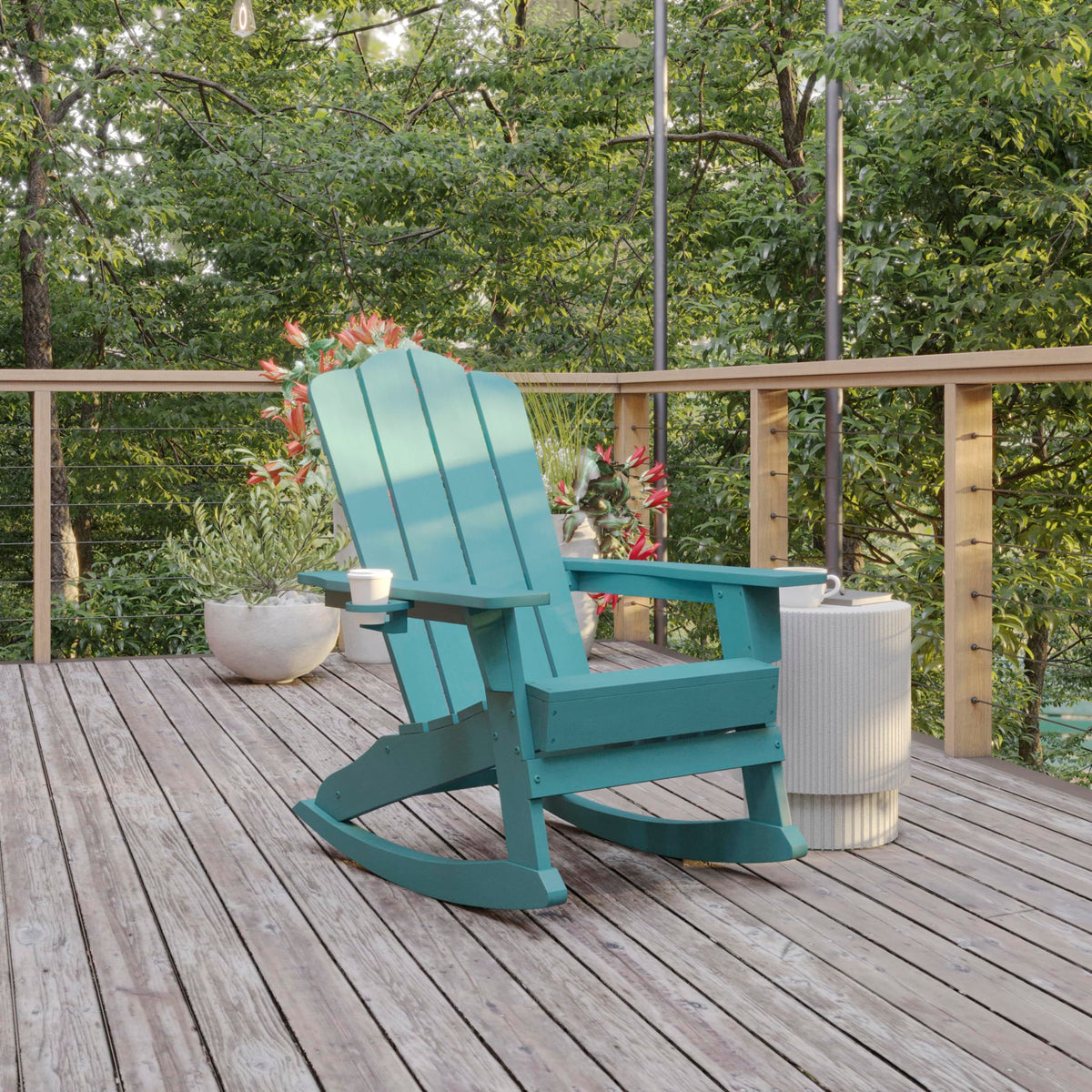Blue HDPE Adirondack Rocking Chair with Cup Holder J93992
