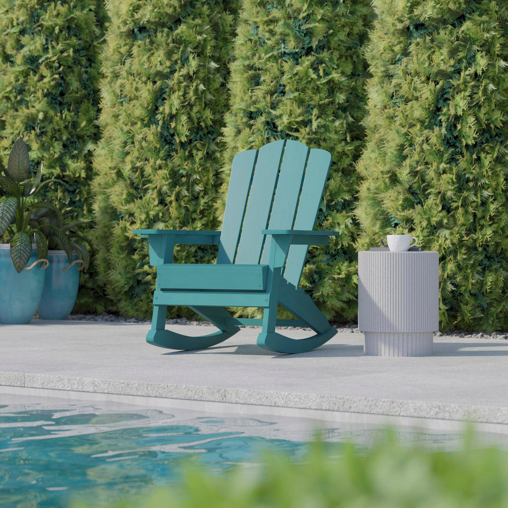 Blue HDPE Adirondack Rocking Chair with Cup Holder J93992