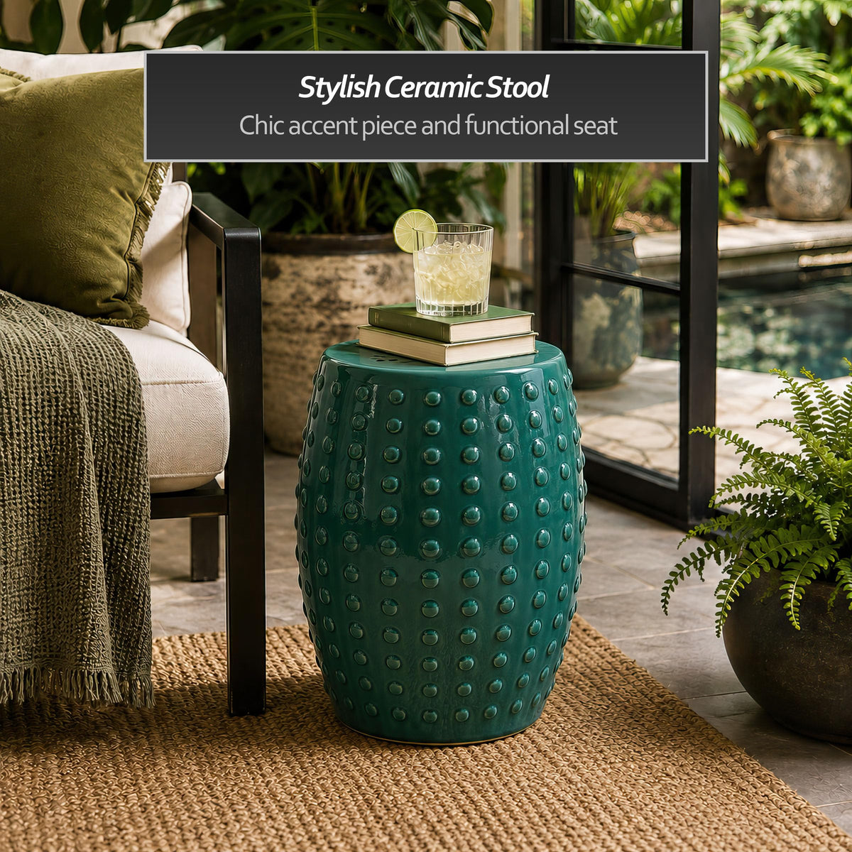 18" Blue-Green Porcelain Garden Stool V6992