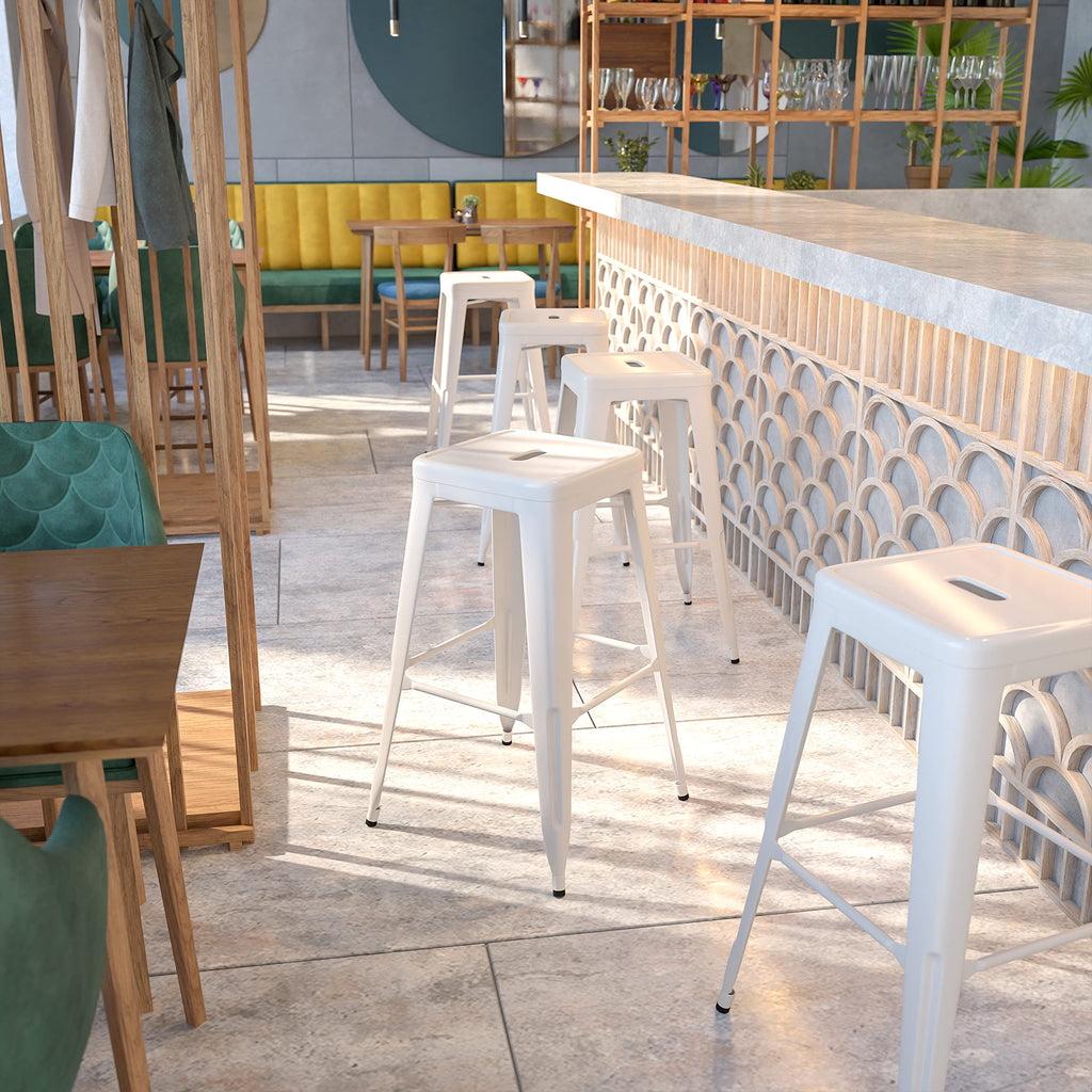 White Metal Indoor-Outdoor Barstool with Square Seat D13480